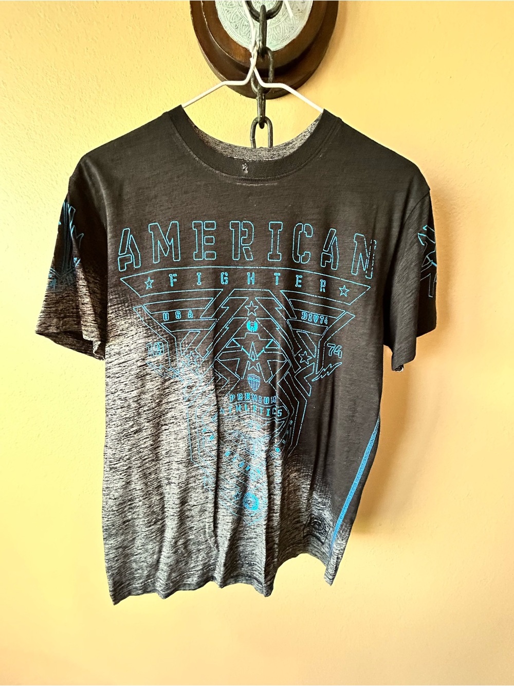 American Fighter Black & Gray Short Sleeve Graphic Tee with Blue Accents